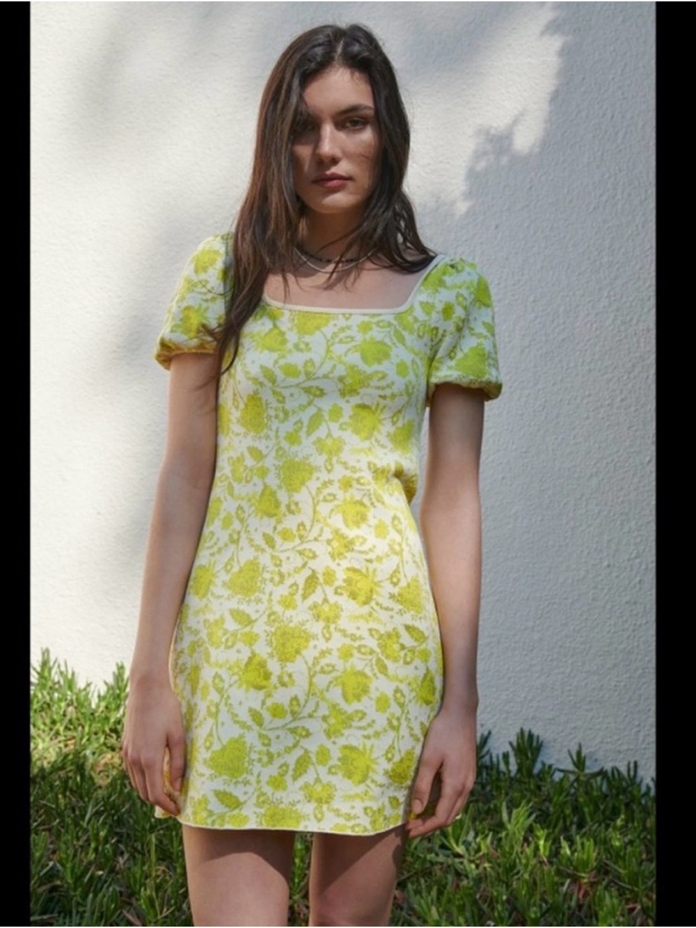 Zara Floral Square-Neck Mini Dress in Yellow size Large
